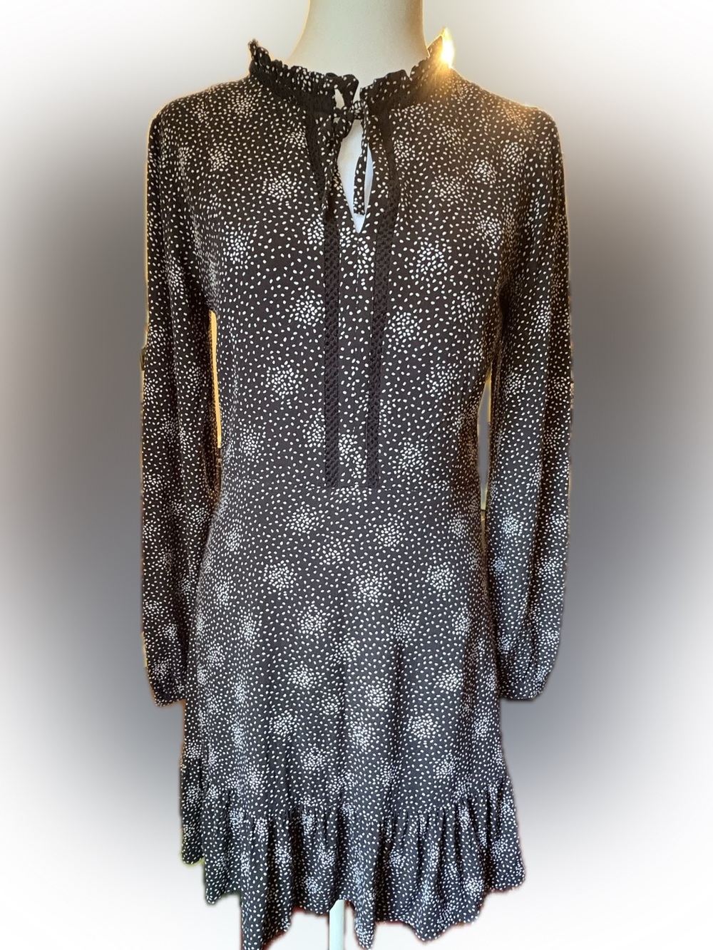 Ann Taylor LOFT Black and White Spotted Tie Neck Mini Flounce Dress 2